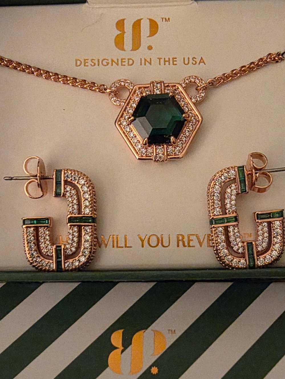 BP May 2026 Rose Gold Plated Green Crystal Necklace & "Unicorn" Earrings Set